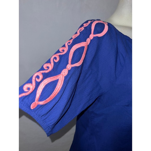 New Talbots Top Womens Size L Blue Pink Embroidered Cotton Tassel Peasant Blouse - Picture 3 of 8